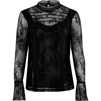 Black lace frill flared sleeve top